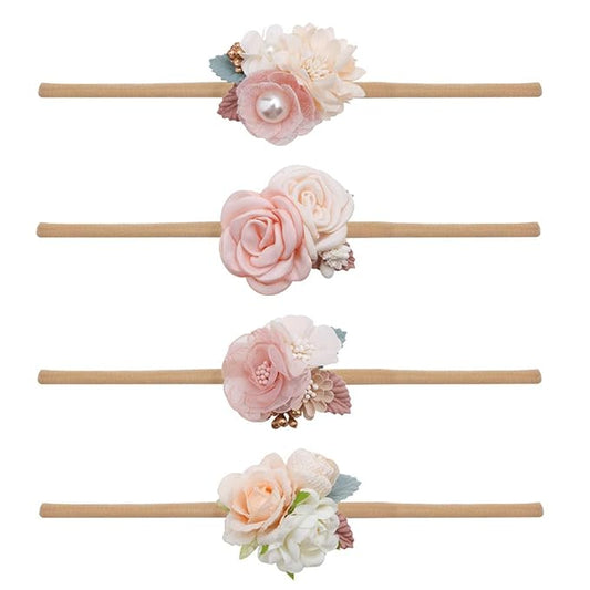 Baby Girl Nylon Headbands Flower Hair Bows Accessories-Elastic Hair Band Crown Handmade FLoral Wraps Birthday Gifts for Girls Newborn Infant Toddler 4Pcs