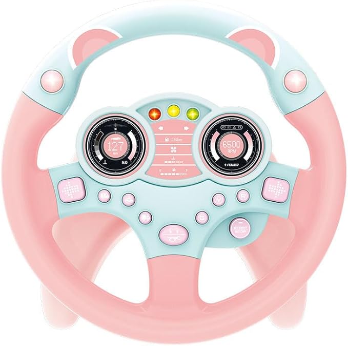 Simulated Driving Controller Portable Simulated Steering Wheel Copilot Toy Children's Small Steering Toy Gift Funny Interactive Driving Wheel with Music. (Pink)