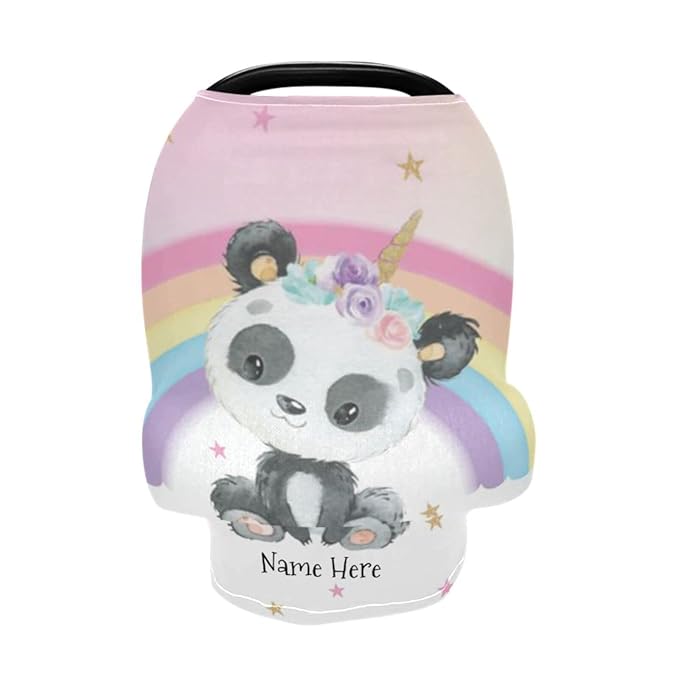 Personalized Rainbow Cute Panda Baby Car Seat Covers for Girls Boys, Customized Multiuse Carseat Canopy with Name, Multiuse Nursing Cover Breastfeeding Scarf, Infant Stroller Cover