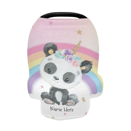 Personalized Rainbow Cute Panda Baby Car Seat Covers for Girls Boys, Customized Multiuse Carseat Canopy with Name, Multiuse Nursing Cover Breastfeeding Scarf, Infant Stroller Cover