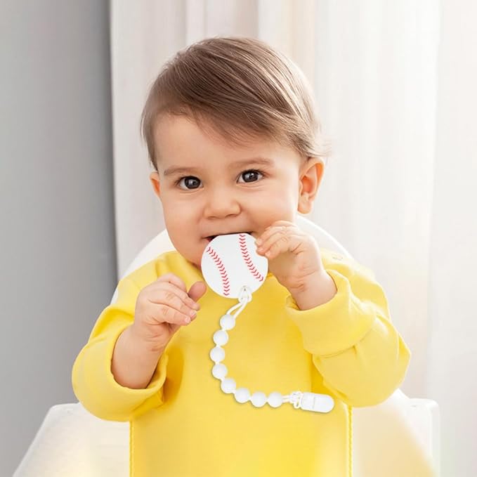 Baby Food Grade Silicone Sport Ball Teether Toy with Pacifier Clip Holder,Teething Toys Gift Set for 3 Months+ Boys and Girls,Freezer Safe,BPA Free. (Baseball)