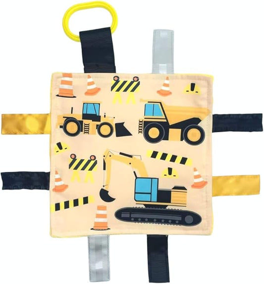 Baby Jack & Co 8x8” Construction Lovey Tag Toy for Babies - Baby Crinkle Toy - Soft & Safe - Learn Shapes & Colors - Ideal Baby Toy - BPA Free w/Stroller Clip