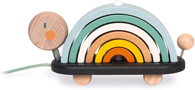 Janod - Sweet Cocoon Wooden Rainbow Turtle Stacking and Pull Toy 7 Piece Building and Nesting Stack with 6 Pastel Arches, Wobbling Head and Tail and String - Ages 18 Months+ - J0440