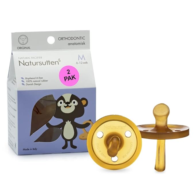 Natursutten 2-Pack Natural Rubber Pacifiers - Safe & Soft BPA-Free Pacifier for Breastfeeding Babies, Made in Italy, Original Shield Orthodontic Nipple, 6-12 Months