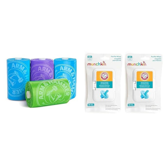 Munchkin® Arm & Hammer Diaper Bag Refills, 4 Pack, 48 Bags & Arm & Hammer Pacifier Wipes - Safely Cleans Baby and Toddler Essentials, 2 Pack, 72 Wipes