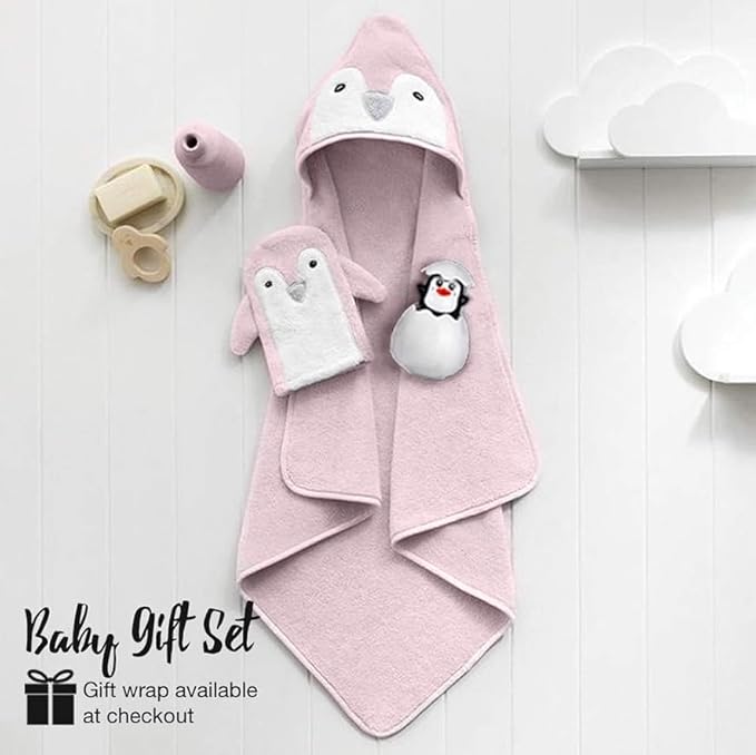 Happy & Sweet Baby Gift Set - Bamboo Viscose Hooded Penguin Bath Towel, Mitt Washcloth, and Squirt Bath Toy for Girls – Ballet Slipper Color - Bonus eBook Included