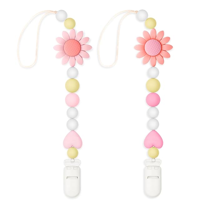 Silicone Pacifier Clip, 2 Pack Pacifier Holder for Boys and Girls, Adorable Sunflower Pacifier Strap Fits for Most Pacifier, Baby Teethers and Toy Straps (Light Pink&Pink)