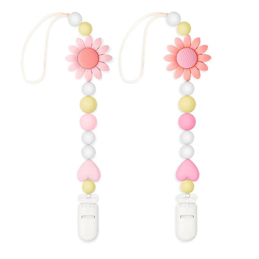 Silicone Pacifier Clip, 2 Pack Pacifier Holder for Boys and Girls, Adorable Sunflower Pacifier Strap Fits for Most Pacifier, Baby Teethers and Toy Straps (Light Pink&Pink)