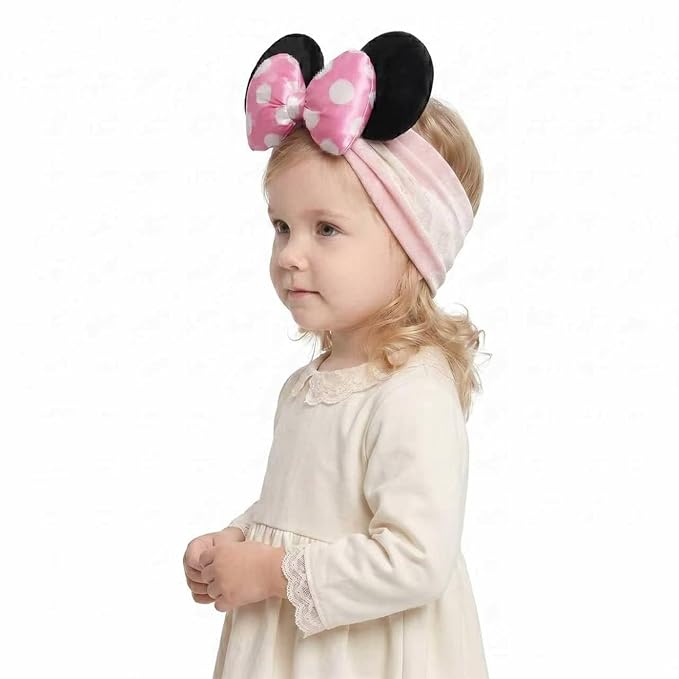 JIAHANG 3D Baby Girl Mouse Ears Turban Headwrap with Satin Polka Dot Bow, Wide Velvet Hairband, Hair Bow Headband for Infant Toddlers
