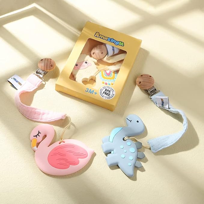 Baby Food Grade Silicone Teether Toy with Pacifier Clip Holder,Teething Pain Relief Toys Gift Set for 3 Months+ Boys and Girls,Freezer Safe,BPA Free (Yellow Llama)