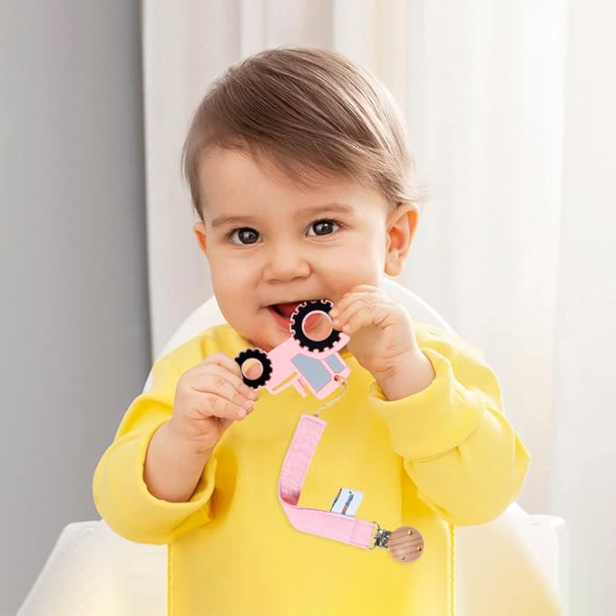 Baby Food Grade Silicone Tractor Car Teether Toy with Pacifier clip Holder,Teething Pain Relief Toys Gift Set for 3 Months+ Boys and Girls,Freezer Safe,BPA Free (Pink)