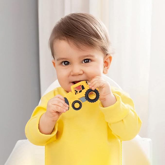 Car Series Baby Teething Toys,Food Grade Silicone Chew Teether for 3 Months+ Infant Boy and Girl,Toddler Sensory Chewing Teether,BPA Free. (Bulldozer, Orange-Yellow)