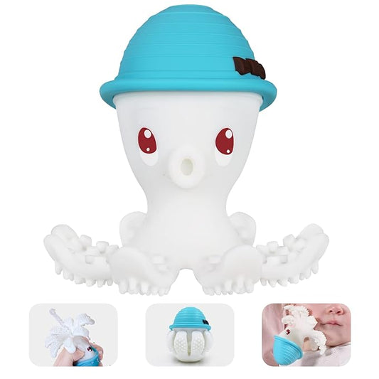 Teething Toys 3-6 Months, Mombella Octopus Teethers for Babies 6-12 Months, Soft Silicone Baby Teething Toys 12-18 Month Old, Baby Chew Toys, Squeaky Infant Teether Toys, Easy to Hold, Blue