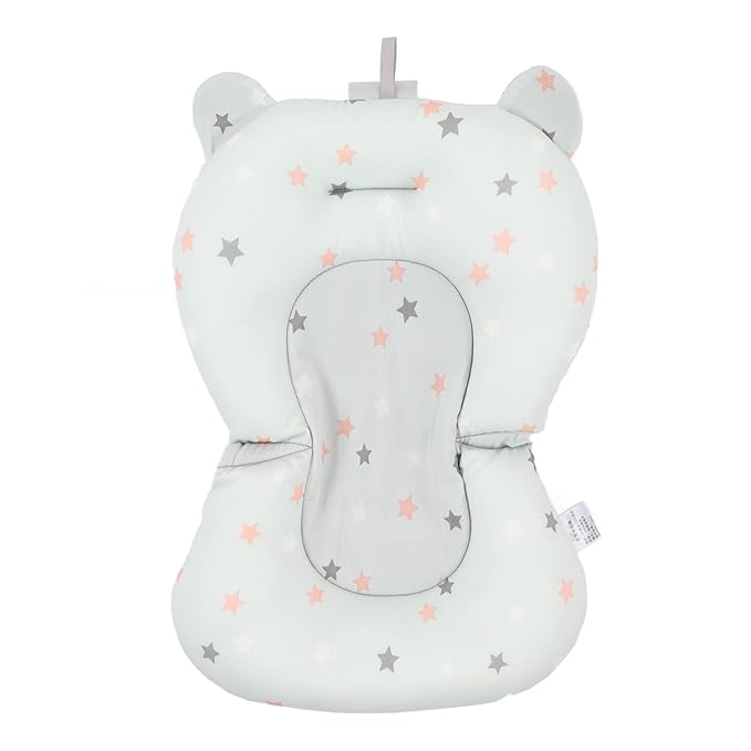Baby Bath Cushion Pad - Newborn Bathtub Mat with Infant Bath Supporter Net and Nonslip Floating Seat (Light Blue Stars)