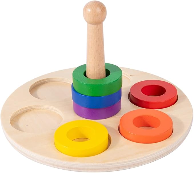 Adena Montessori Wooden 6 Rings on Peg Stacking and Sorting Ring, Wooden Rainbow Stacking Rings Baby Toy, Stacker Toys for Infants and Toddlers, Wood Educational Developmental Toy Multicolor