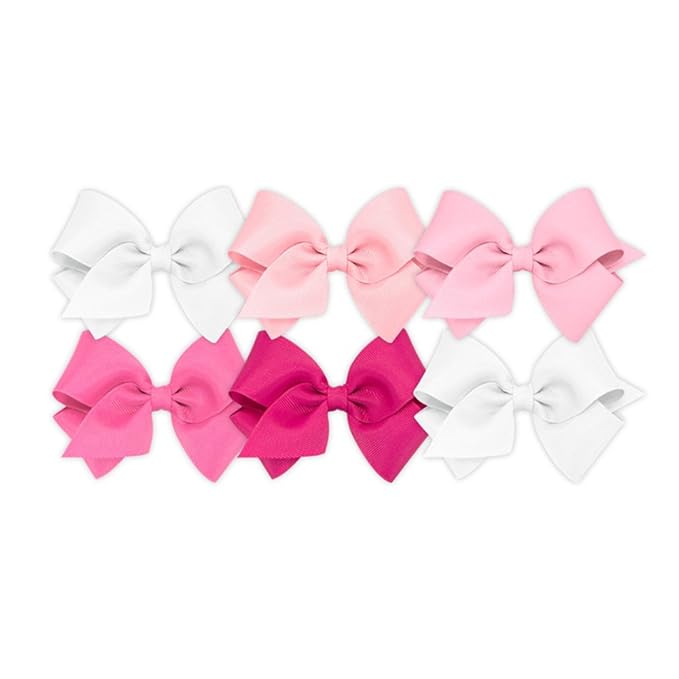 Wee Ones Girls' 6 Piece Set of Bows, Solid Grosgrain Variety Pack on a WeeStay No-Slip Hair Clip, Small, White, Light Pink, and More!