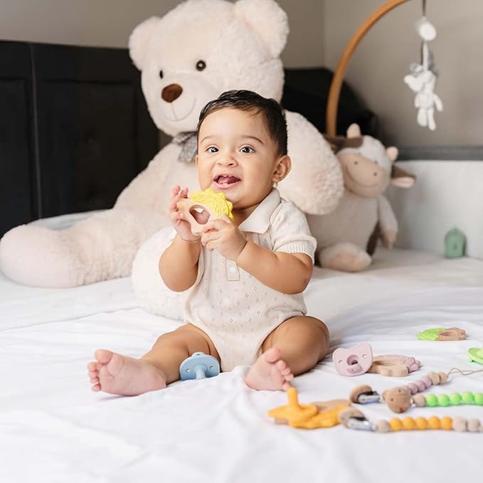 Baby Must Haves – Baby Teething Toys and Teether for Soothing Relief – Perfect for Teething Toys 3-6 Months and Shower Gifts – Soft, BPA-Free, Ergonomic Dinosaur Wood Design.
