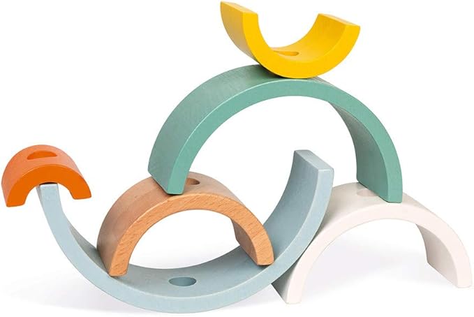 Janod - Sweet Cocoon Wooden Rainbow Turtle Stacking and Pull Toy 7 Piece Building and Nesting Stack with 6 Pastel Arches, Wobbling Head and Tail and String - Ages 18 Months+ - J0440