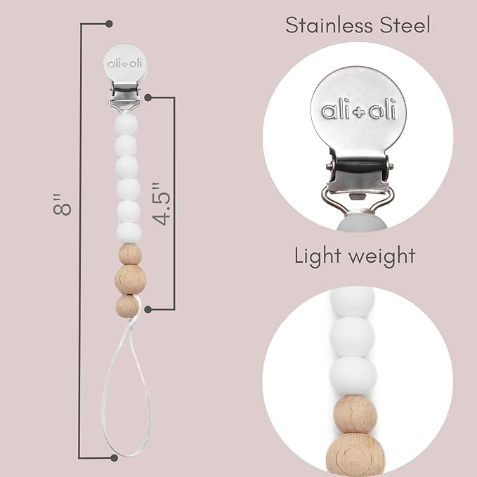 Ali+Oli Silicone Pacifier Clip for Baby (White Wood) 100% Food-Grade BPA Free Newborn Pacifier Holder Infant Binky Clip for Baby Boy or Girl