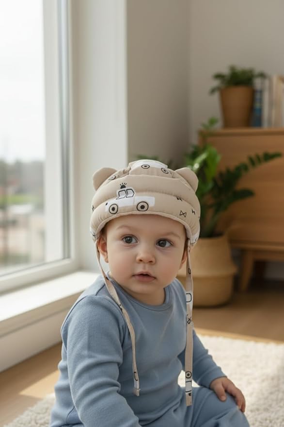Soft Organic Helmet for Toddlers Learning to Walk, Ages 6–14 Months (Cars on a Beige Background)
