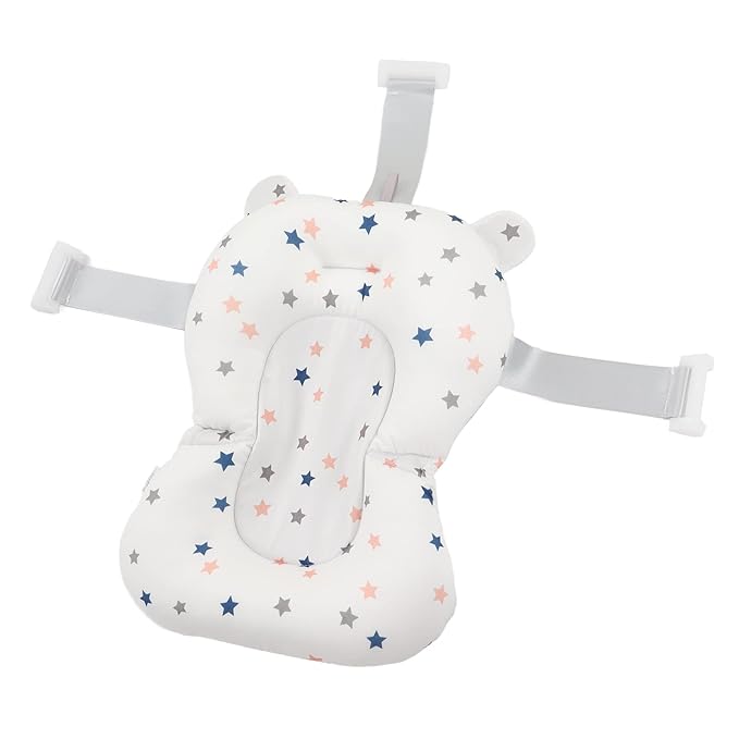 Baby Bath Cushion Pad - Newborn Bathtub Mat with Infant Bath Supporter Net and Nonslip Floating Seat (White Stars)