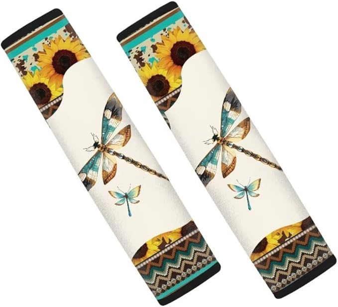 Dragonfly Sunflower Car Seat Belt Pads Covers,Brown Seatbelt Shoulder Strap Covers for Adult, 2 Pack Standard Size