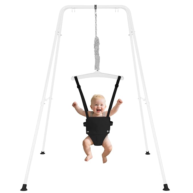 Baby Jumper, Indoor&Outdoor Baby Bouncer, Infant Jumper with Adjustment Strap for Boys Girls, Exercise Saddle Seat for Backyard, Easy to Assemble & Store (White)