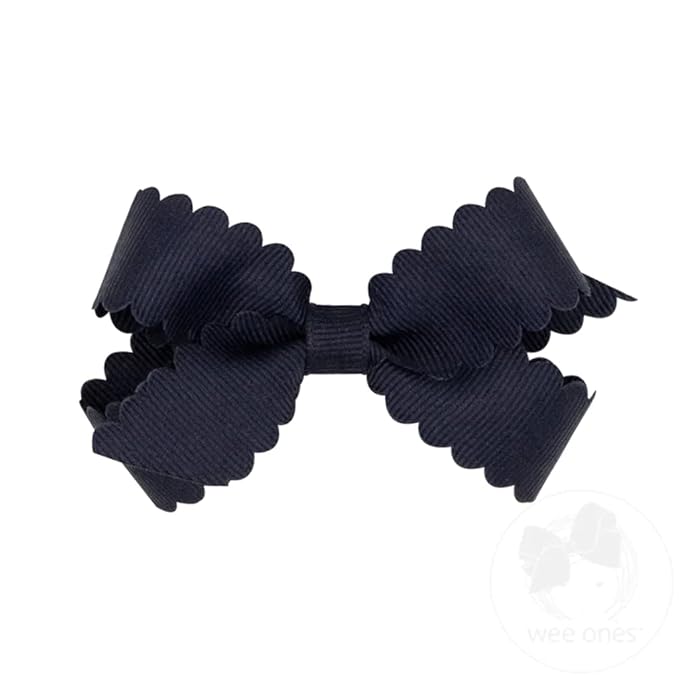 Wee Ones Girls' Classic Grosgrain Hair Bow with Scalloped Edges and Plain Wrap Center on a WeeStay Hair Clip, Mini, Navy