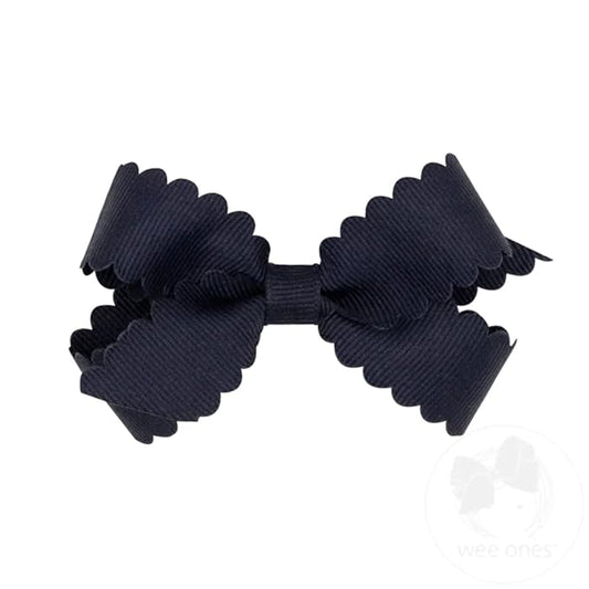 Wee Ones Girls' Classic Grosgrain Hair Bow with Scalloped Edges and Plain Wrap Center on a WeeStay Hair Clip, Mini, Navy