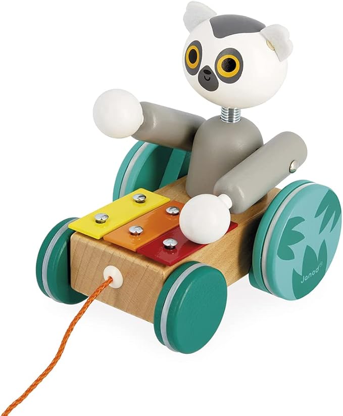 Janod - Tropik Pull-Along Lemur Xylophone - 2-in-1 Wooden Early-Learning Toy - Musical Educational Toy - Walking and Balancing - Water-Based Paint - 18 Months + J08270