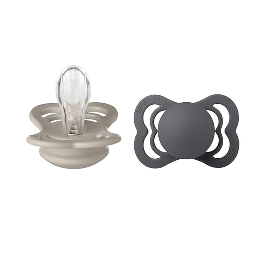 BIBS Supreme Baby Pacifier 2-Pack | Made in Denmark | BPA Free Dummy Soother, Symmetrical Nipple. Silicone, Size 1 (0-6 Months), Sand/Iron