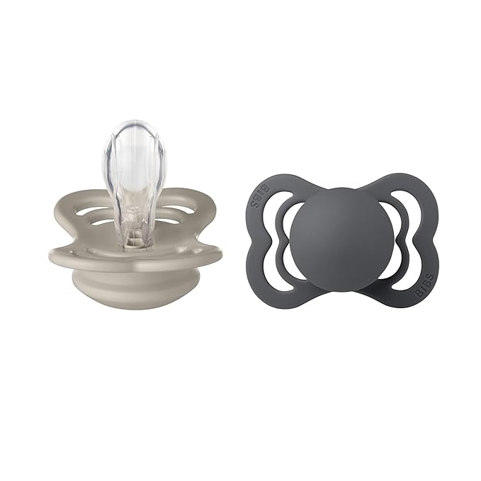 BIBS Supreme Baby Pacifier 2-Pack | Made in Denmark | BPA Free Dummy Soother, Symmetrical Nipple. Silicone, Size 2 (6-18 Months), Sand/Iron