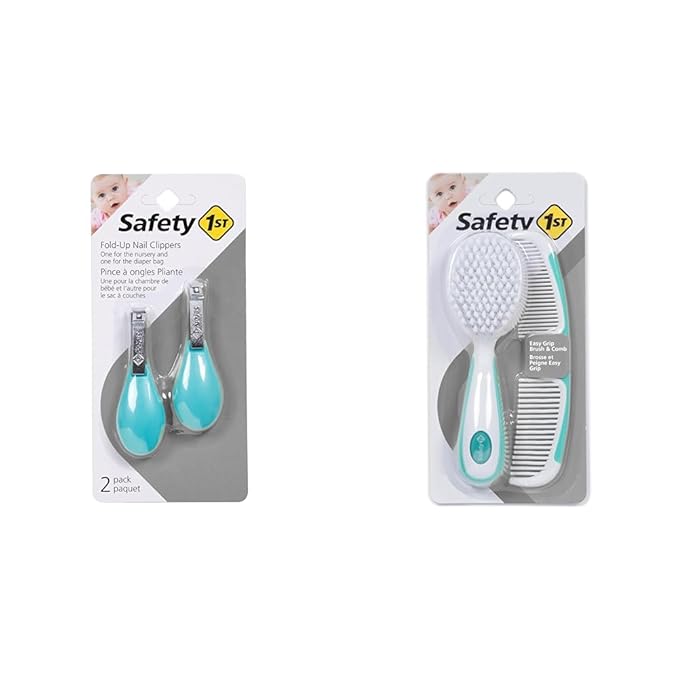 Safety 1st Fold-Up Nail Clipper, 2-Count - Colors May Vary & Easy Grip Brush and Comb, Colors May Vary