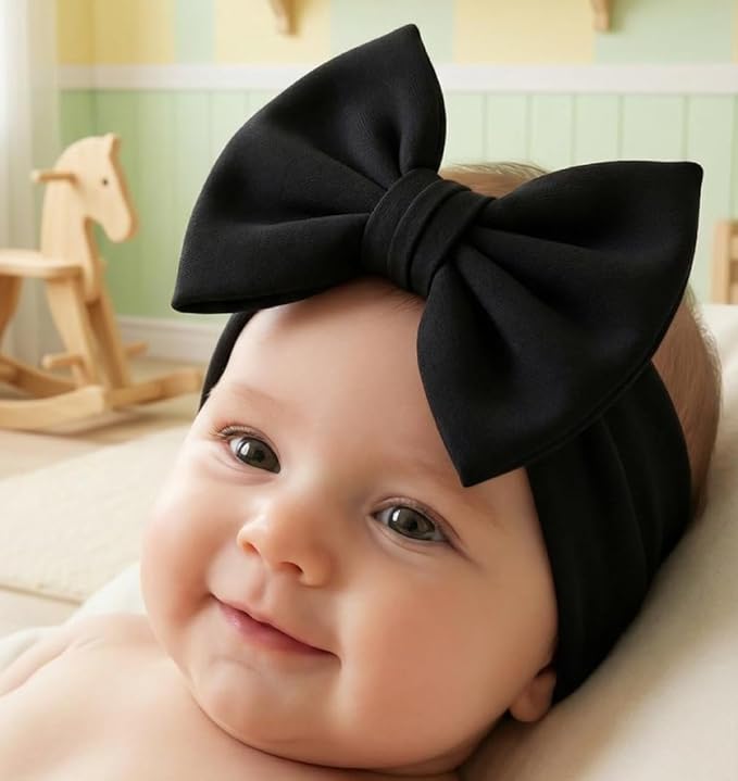 Newborn Baby Girl Headband 0–6 Months – Soft Cotton Big Bow Headband for Infants, Stretchy Baby Hair Band, 4.3" (11 cm) Bow, 2.4" (6 cm) Band (Black, 0-6 Month)