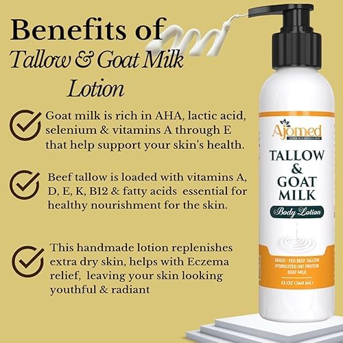 Tallow & Goat Milk Body moisturizing Lotion for Sensitive Skin, handmade tallow cream (12 Fl OZ, Lavender Vanilla)