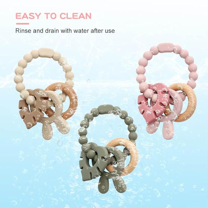 | Bohemian Teether | Baby Teether | Sensory Exploration and Teething Relief | 100% Food-Grade Silicone Teether Toy | BPA Free | Chewbeads | Silicone with Beechwood Ring | (Pink)