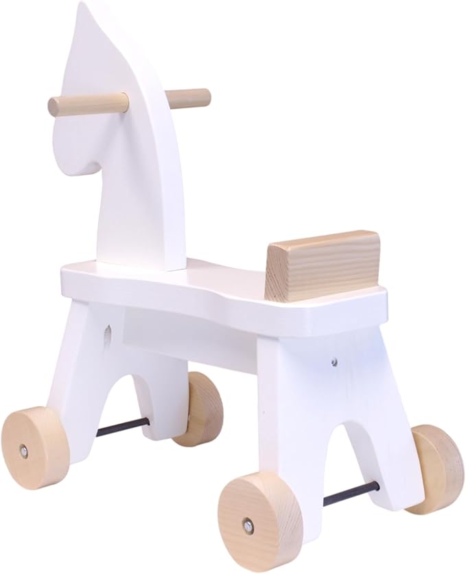 AmishToyBox.com Wooden Riding Horse Toddler Ride-on Toy (White and Natural Stain), Amish-Made