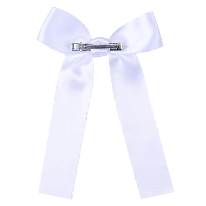 2-Pack Long Satin Ribbon Hair Bows for Girls – Elegant Silk Hair Clips for Toddlers, Infants, Teens & Kids - White