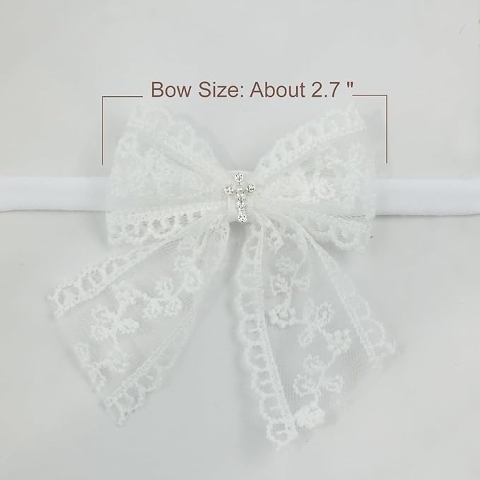 Nihao Baby Off White Lace Bow Small Baptism Headband for Baby Girls -2 PCS