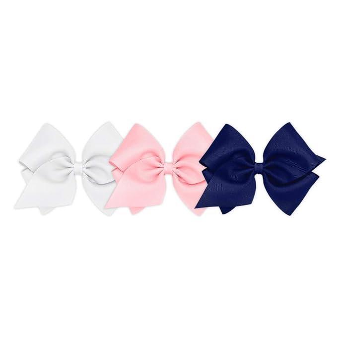 Wee Ones Girls' 3 pc Set Solid Grosgrain Variety Pack on a WeeStay No-Slip Hair Clip, Mini King, White, Light Pink, and Light Navy