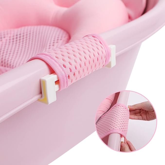 Baby Flotation Bath Cushion Infant Bath Seat Support Net Newborn Bathtub Mesh Pad with Pillow Baby Shower Lie Seat Toddler Bathing Shower Breathable Mat for 0-24 Months