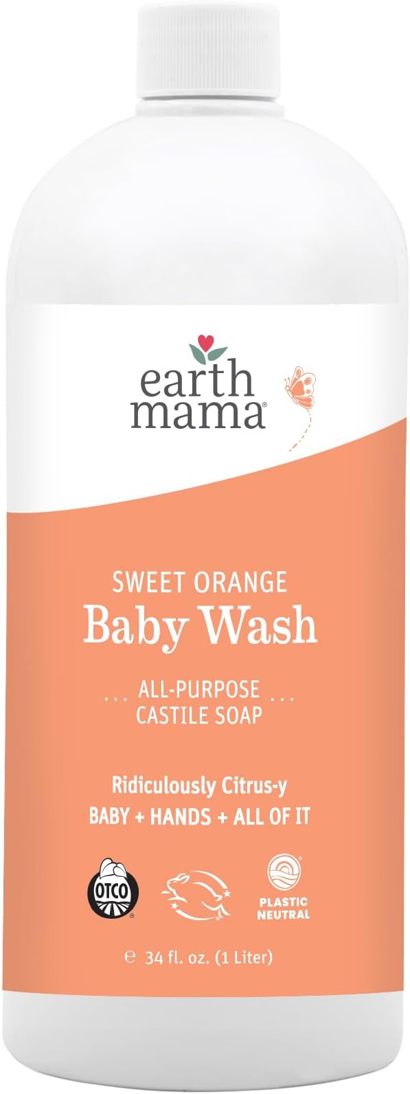 Earth Mama Sweet Orange Baby Wash Liquid Foaming Hand Soap Refill, Organic All Purpose Body Wash for Sensitive Skin, Castile Soap with Coconut Oil, Shea Butter, Calendula, & Aloe, 34 fl oz