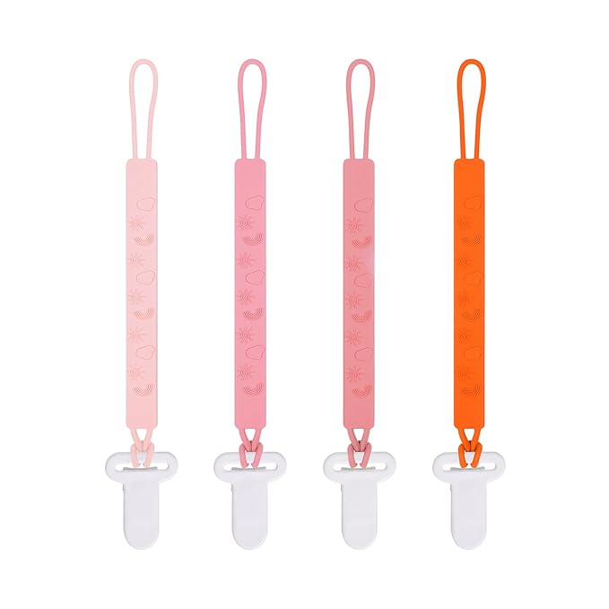 One Piece Design Silicone Pacifier Clip Holder for Baby Boys and Girls,Pack of 4 Flexible Paci Leash,Binky Clips,Newborn Essentials (Sun & Cloud & Rainbow, Pink)
