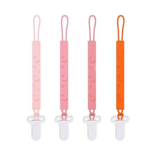 One Piece Design Silicone Pacifier Clip Holder for Baby Boys and Girls,Pack of 4 Flexible Paci Leash,Binky Clips,Newborn Essentials (Sun & Cloud & Rainbow, Pink)