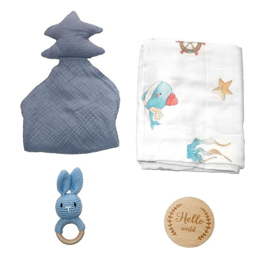 DI'FRANT® Newborn Baby Gift Box | Baby Essentials Educational Teething Toy & Soothing Crochet Rattle Set |Baby Boy Stuff 70% Bamboo & 30% Cotton | Perfect Baby Toy Full Moon Eco-Friendly (Blue Pine)