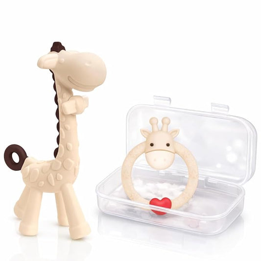 SHARE&CARE Mother's Day, Mom Gifts Silicone Giraffe Baby Teether Toy with Storage Case, for 3 Months Above Infant Sore Gums Pain Relief, Baby Teething Toys, Women Gift for Mom, Wife, Her (Cream)