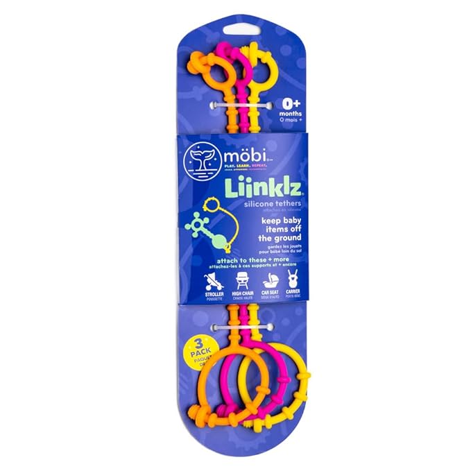 Mobi Liinklz Silicone Tethers - Flexible and Soft Toy Straps for Baby, Stroller Toy Safety Straps and Easy to Connect Baby Toy Holder - for Infants 0+ Months, Vibrant Colors (Pack of 3)