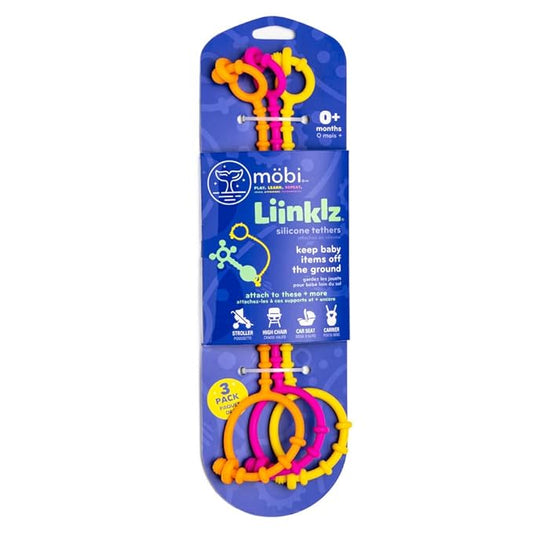 Mobi Liinklz Silicone Tethers - Flexible and Soft Toy Straps for Baby, Stroller Toy Safety Straps and Easy to Connect Baby Toy Holder - for Infants 0+ Months, Vibrant Colors (Pack of 3)