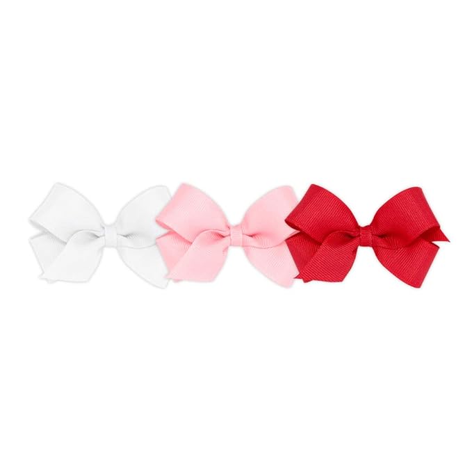 Wee Ones Girls' 3 pc Set Solid Grosgrain Variety Pack on a WeeStay No-Slip Hair Clip, Mini, Light Pink, Red, and White
