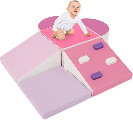 Olakids Climbing Toys for Toddlers, 6 Pieces Baby Foam Blocks Soft Play Set with PU Leather, Indoor Kids Climb and Crawl Sliding Activity Structure Gym Playground Climber (Peach)